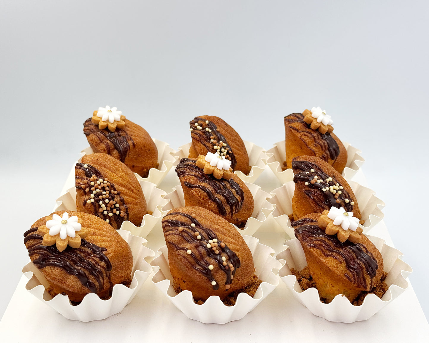 side profile of madeleines with chocolate drizzle and white accents on a white background