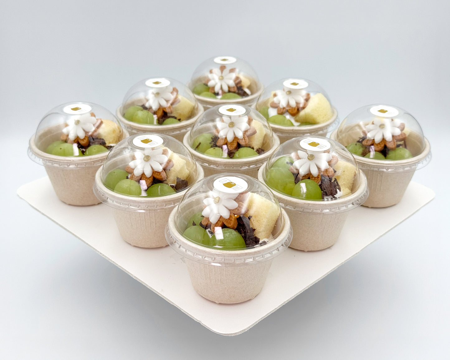 Petite chiffon cups in paper cups with clear domes on a white tray