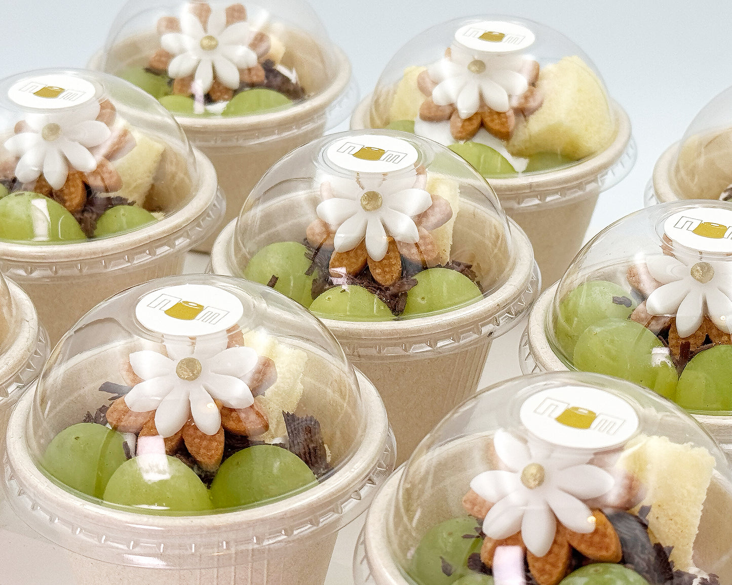 Close-up of petite chiffon cups with flowers and green grapes in clear domes on a light background