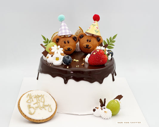 100% frosted chiffon cake with chocolate drip and teddy bear, with decorations on a white background