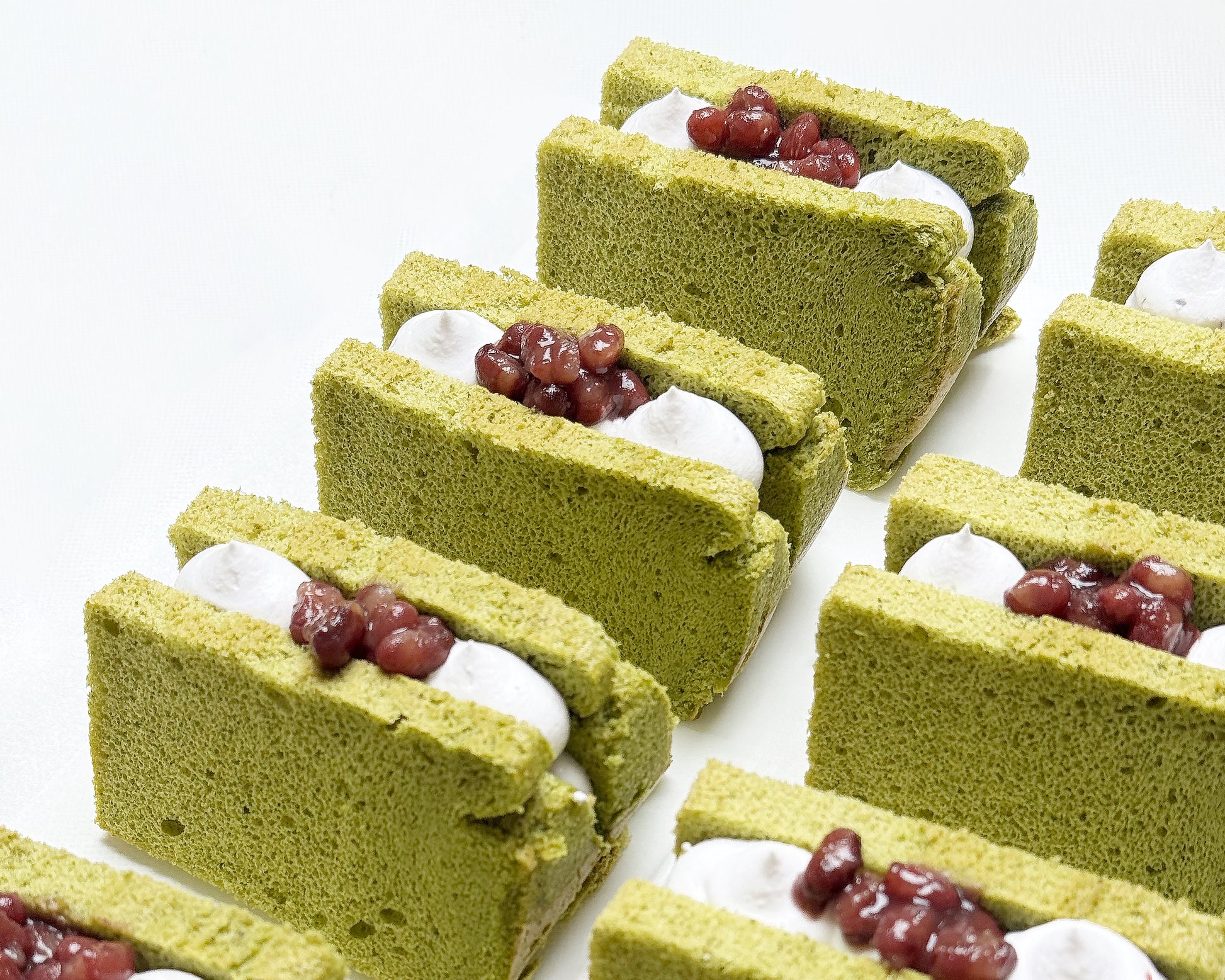 Matcha chiffon sandos with fresh cream and Hokkaido Azuki beans toppings