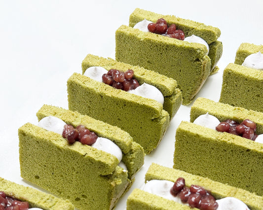 Matcha chiffon sandos with fresh cream and Hokkaido Azuki beans toppings